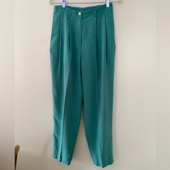 Silk House Pleated Pants Size M 100% Silk Teal Robins Egg Blue Vintage - Picture 1 of 8